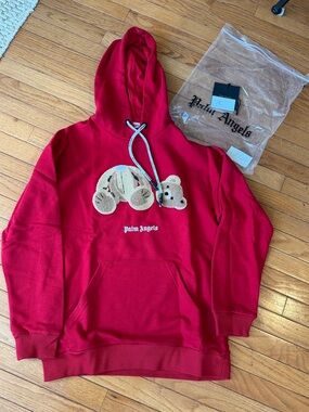 Palm Angels Red Hoodie with Beige Teddy Patch